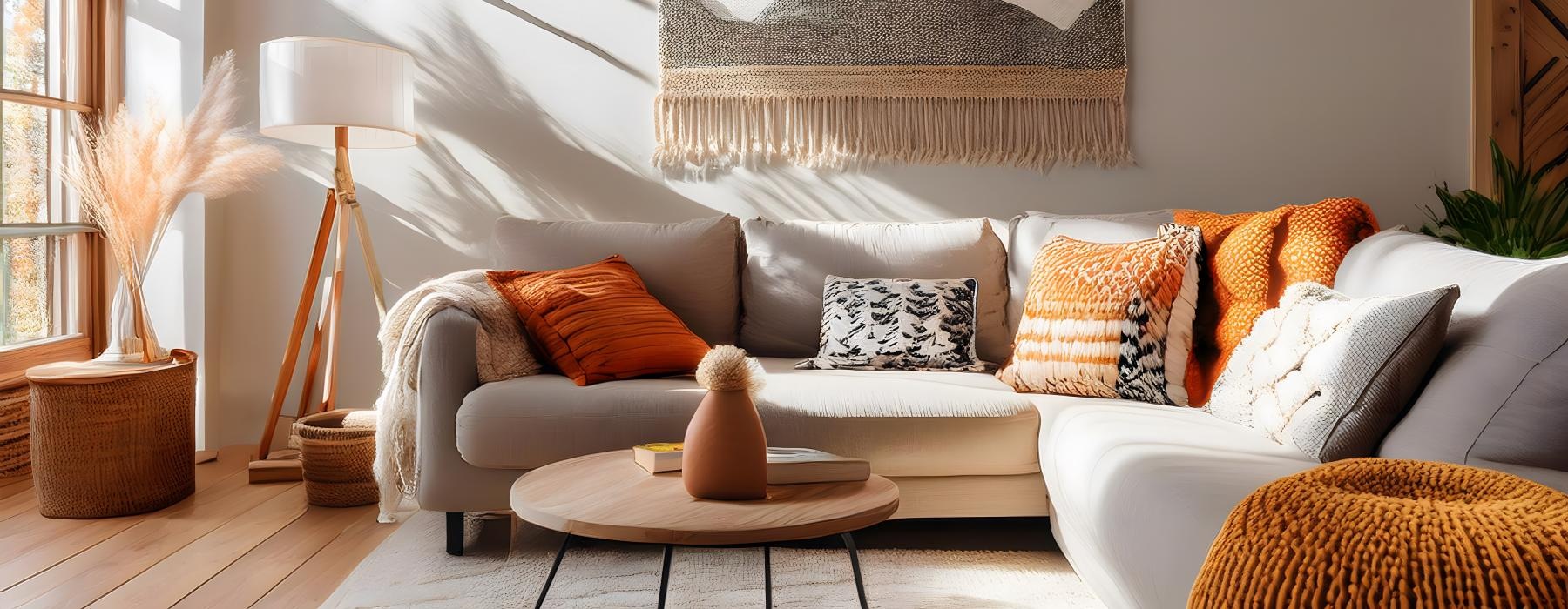 a couch with pillows and a lamp